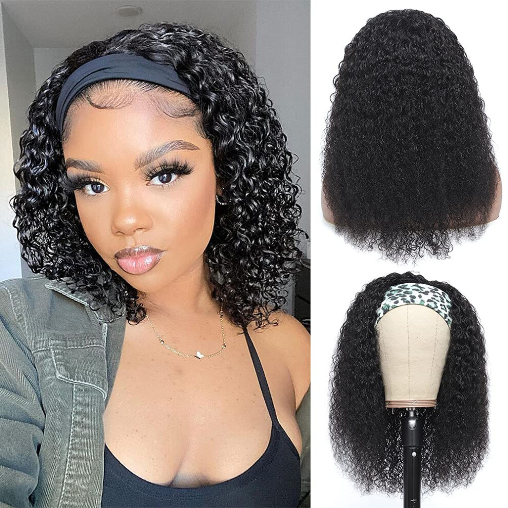 Unisex Black Headband Wig Human Hair Kinky Curly 180 Density Glueless Brazilian Virgin For Women 16 Inch