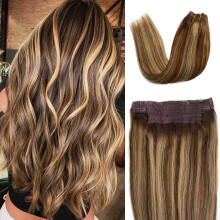 Invisible Wire Remy Human Hair Extensions Ombre Chocolate Brown to Caramel Blonde 20 Inch