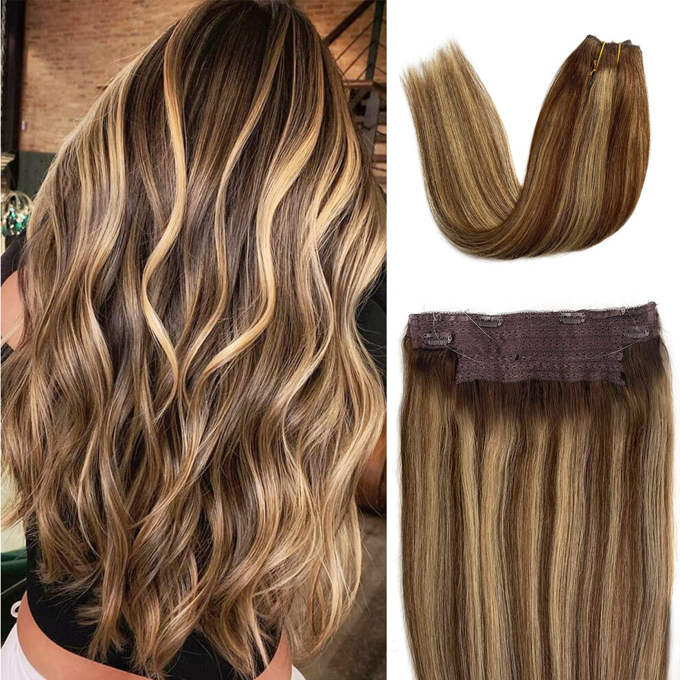 Unisex Brown Invisible Wire Remy Human Hair Extensions Ombre Chocolate To Caramel Blonde 20 Inch