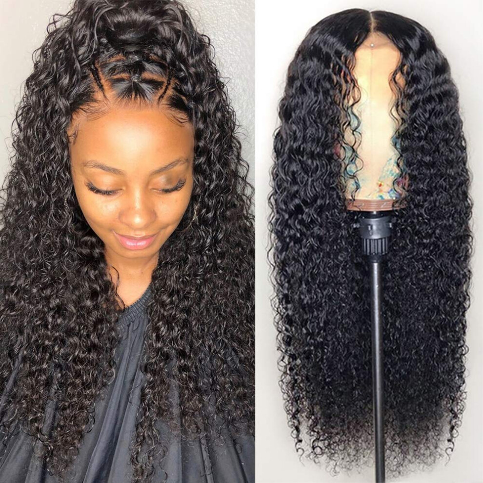 Unisex Black 13X4 Lace Front Wig Human Hair Brazilian Virgin Hair Kinky Curly Pre Plucked 20Inch Natural