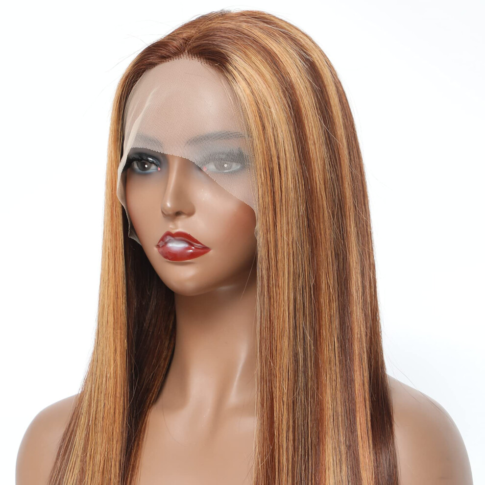 Unisex 30 Inch Straight Human Hair Lace Front Wig Ombre Highlight 13X1 T Part 150% Density Natural Hairline