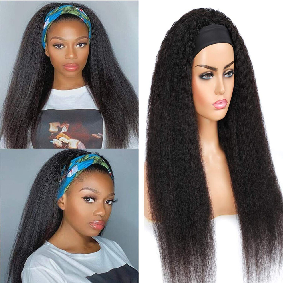 Unisex Black 20 Inch Kinky Straight Headband Wig Human Hair For Women, Natural Yaki Texture Glueless Design