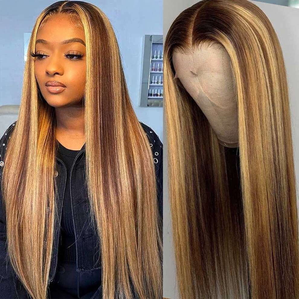 Unisex Black,Brown Human Hair Lace Front Wig P4/27 Highlight Straight 13X4 Pre Plucked Ombre Brown Honey Blonde 150% Density For Black Women