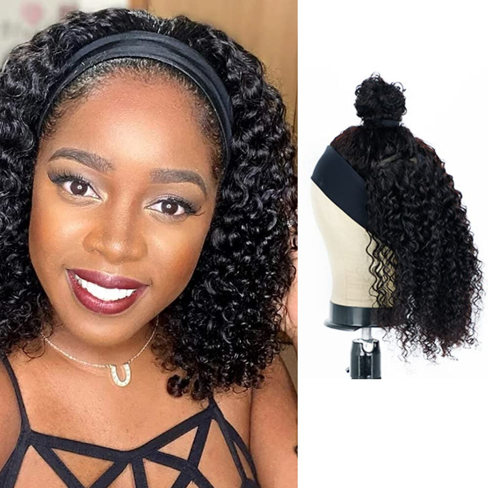 Unisex Black Headband Wig Afro Curly 12 Inch Synthetic Deep Wave Natural Hairline Readytowear For Women