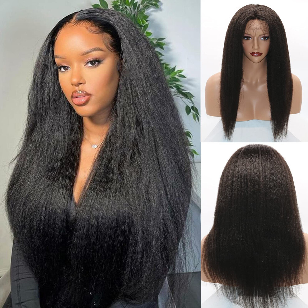 Unisex Black 13X6 Hd Lace Front Kinky Straight Human Hair Wig 150% Density Pre Plucked Bleached Knots Brazilian Virgin Hair For Women 20 Inch