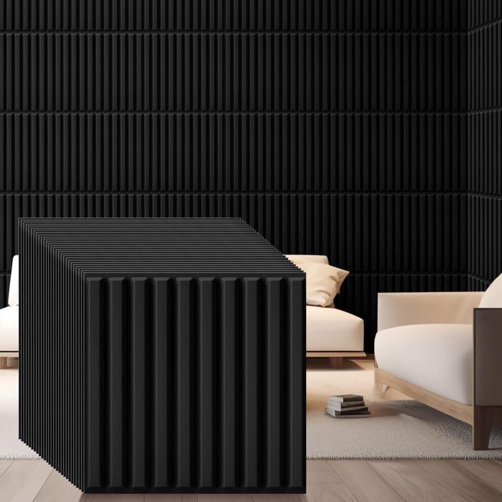 32 Pcs Black 3D Pvc Wall Panels 12X12 Inch Fluted Textured Waterproof Fireresistant For Interior Decoration 9164114234353