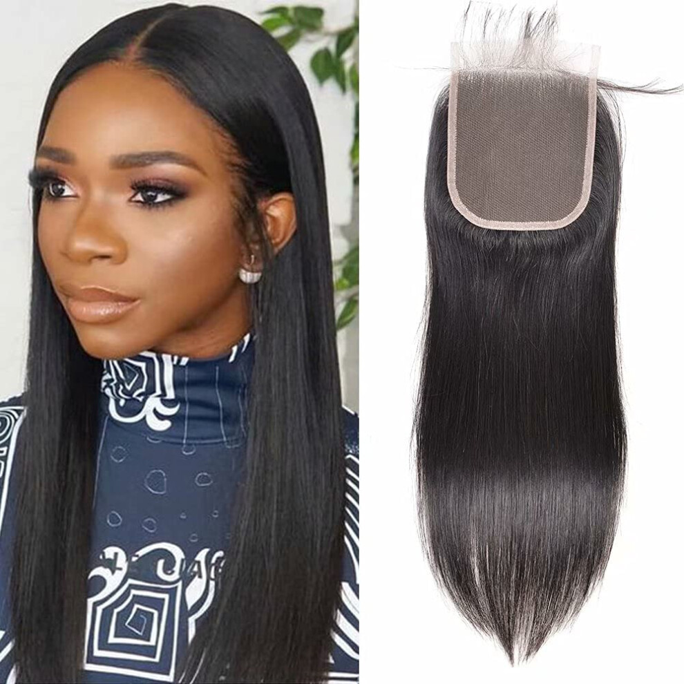 Unisex Black 10A Brazilian Virgin Straight Hair 4X4 Lace Closure 150% Density Natural Hairline 20Inch