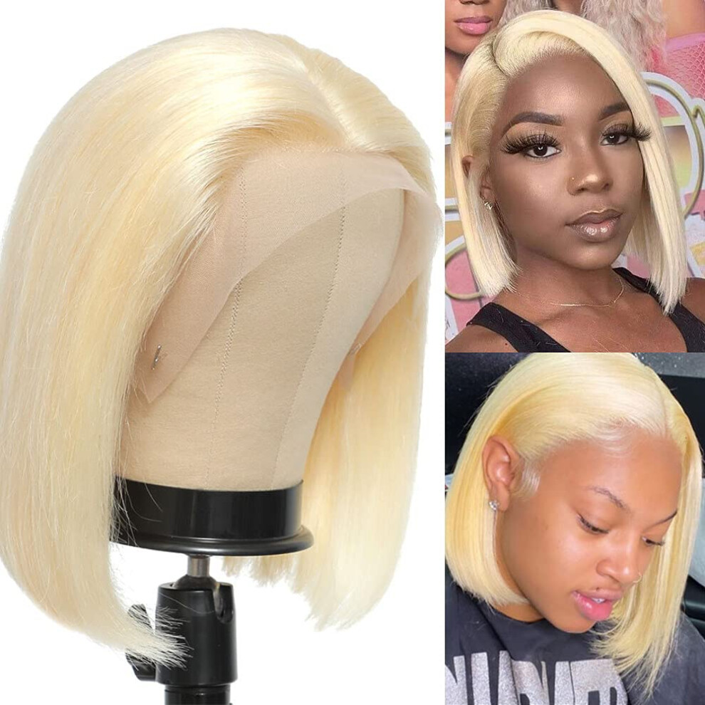 Unisex Black 613 Blonde Lace Front Human Hair Bob Wig 8 Inch Straight Pre Plucked Bleached Knots Natural Hairline For Women