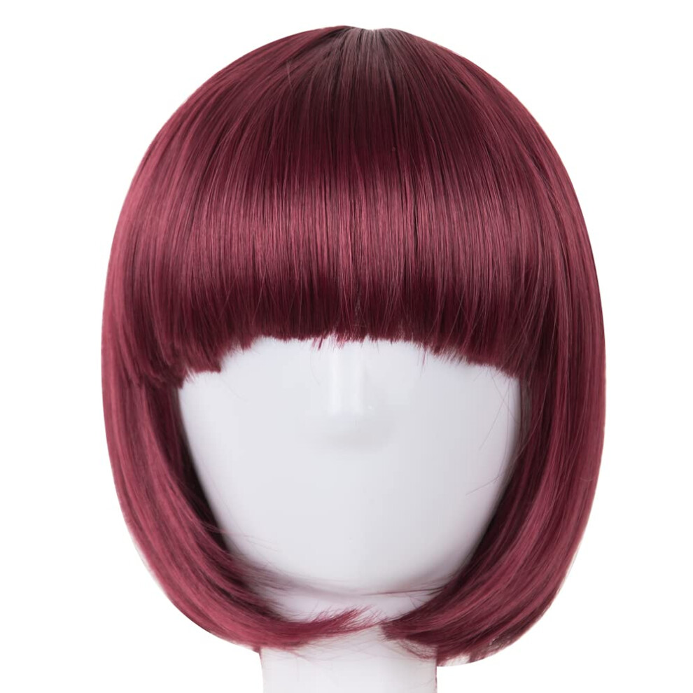 Red Wine Short Straight Bob Wig Synthetic Heat Resistant for Cosplay Party with Adjustable Cap