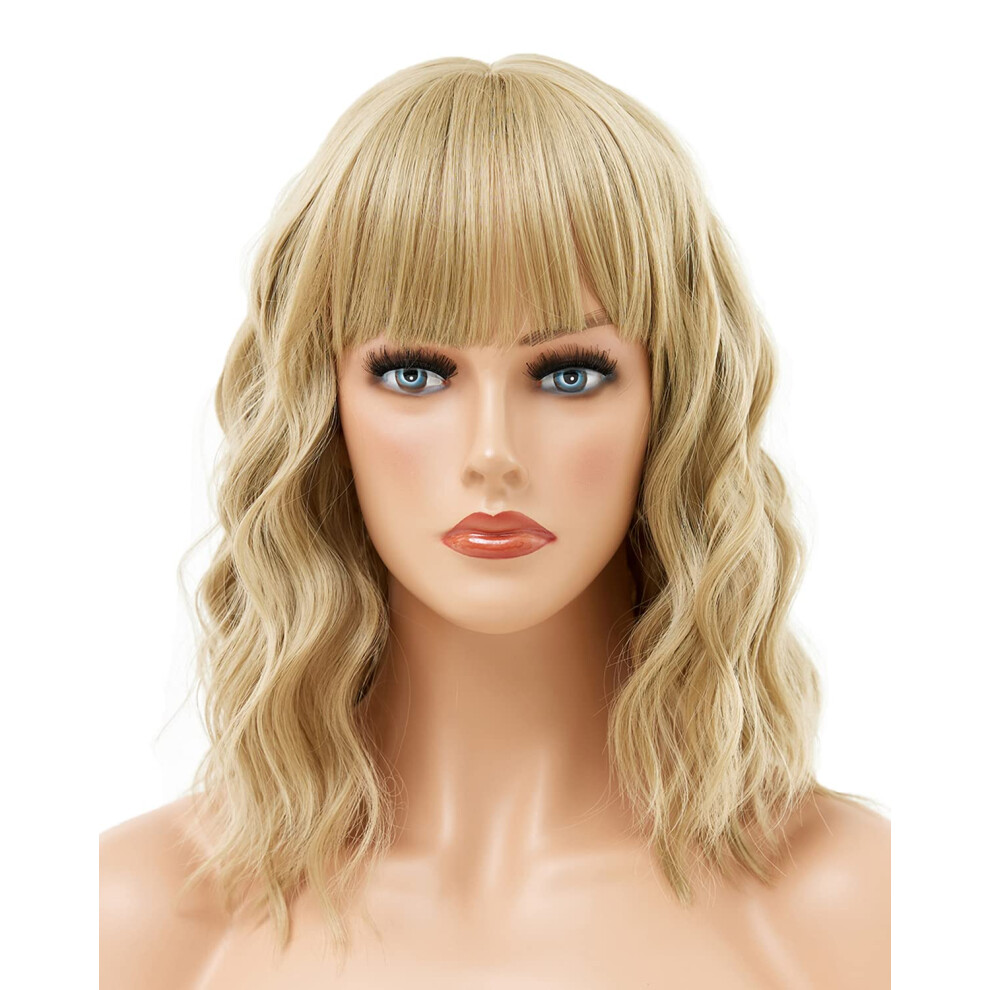 Unisex Blonde Bob Wig With Bangs, Short Wavy Heat Resistant Synthetic Hair For Cosplay