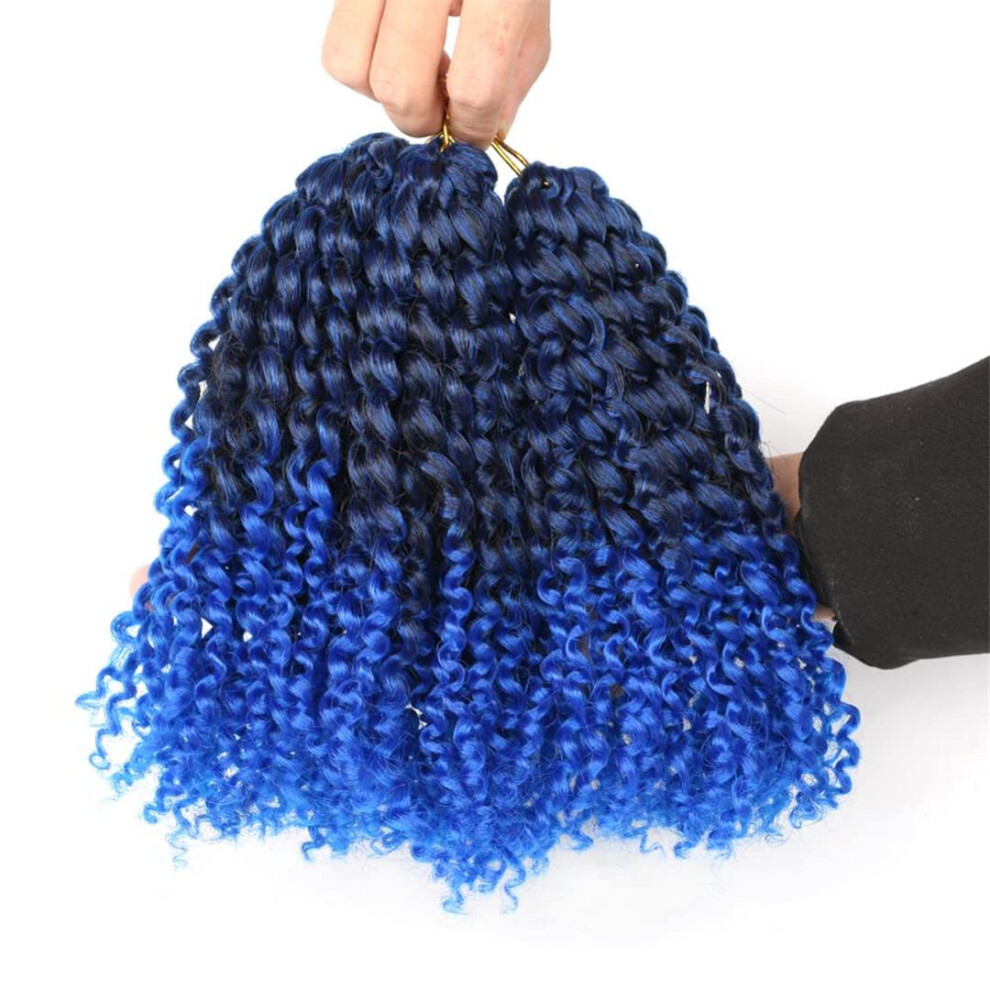 Unisex Blue 8 Inch Prelooped Kinky Curly Crochet Hair Extensions Ombre T1b Synthetic Braids 3Pcs Set