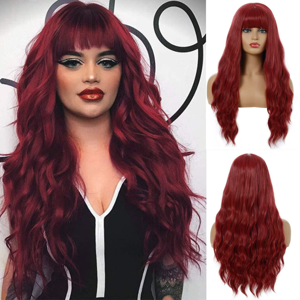 Long Wavy Wig with Bangs 26 Inch Red Wine Color Glueless No Lace Heat Resistant Fiber