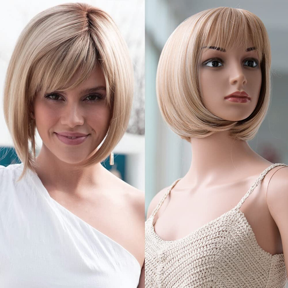 Unisex Blonde Bob Wig With Bangs 10 Inch Ash Ombre Synthetic Heat Resistant Hair For Women Cosplay
