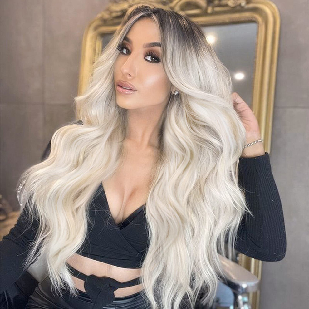 24 Inch Long Wavy Wig for Women Ombre Platinum Blonde Natural Synthetic Hair with Volume