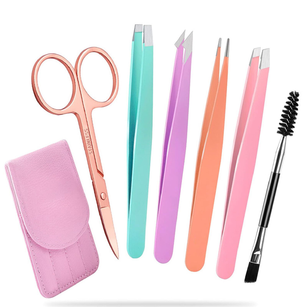 Pink 6Pcs Eyebrow Tweezers Set With Precision Slanted Tips, Professional Stainless Steel With Case,