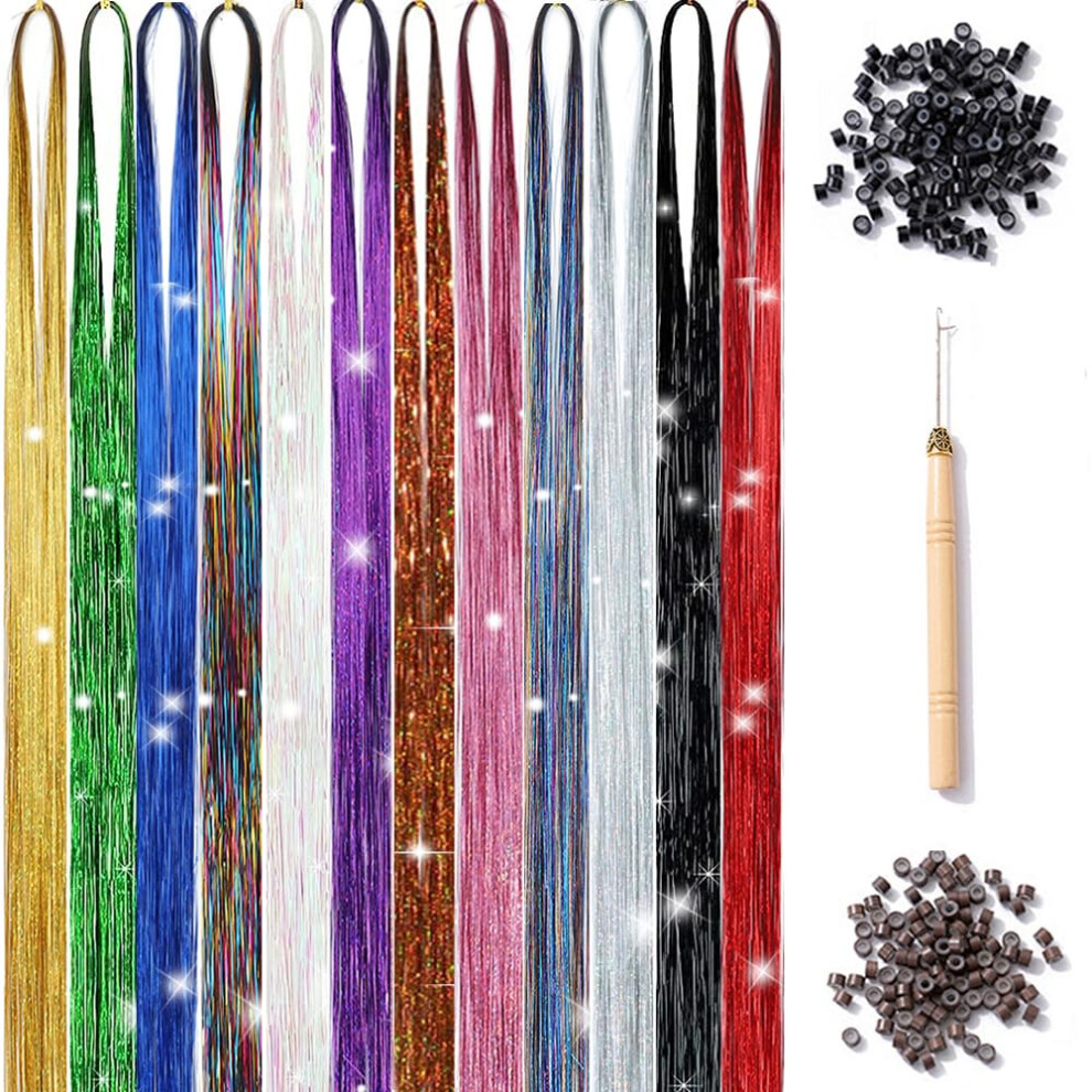 Unisex Hair Tinsel Kit With Tools 48 Inch 12 Colors 2800 Strands Heat Resistant Glitter Hair Extensions