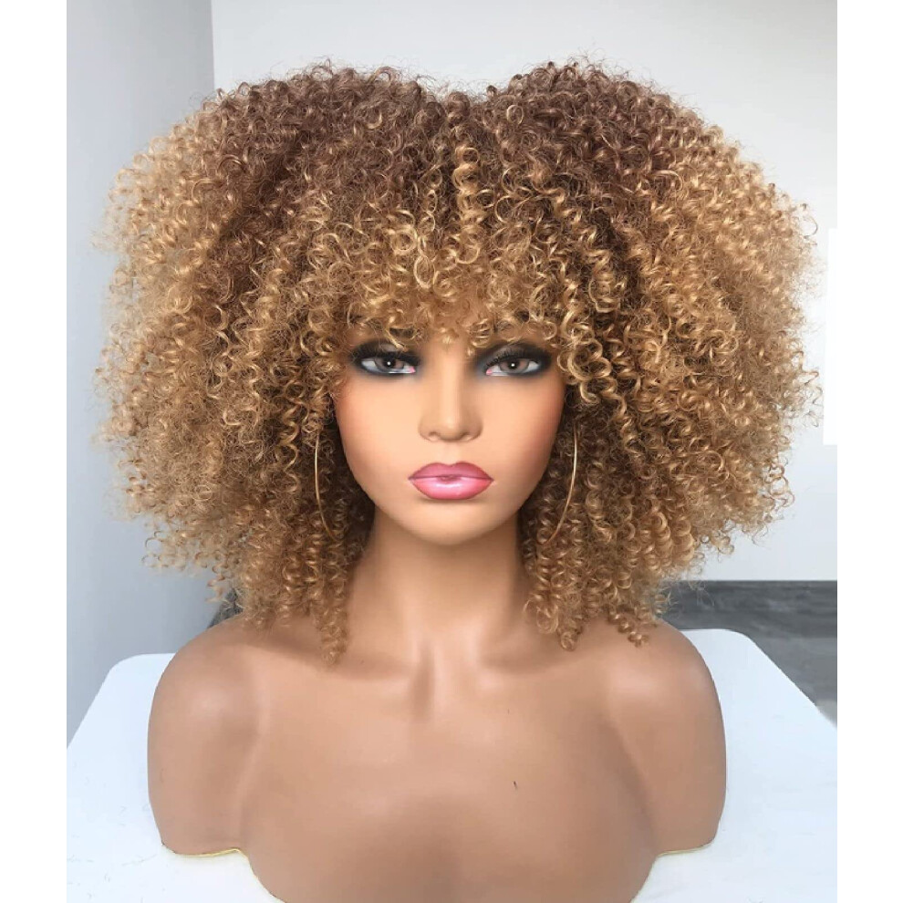 Unisex Black,Brown Headband Wig For Black Women Short Kinky Curly Afro With Bangs Brown Ombre Blonde Synthetic Hair