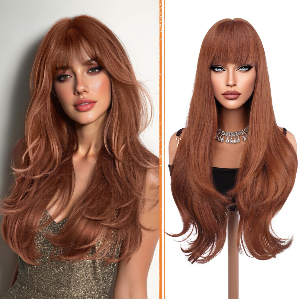 Unisex Red Long Wavy Synthetic Wig With Full Bangs, Auburn Heat Resistant Fiber, 26 Inch For Women
