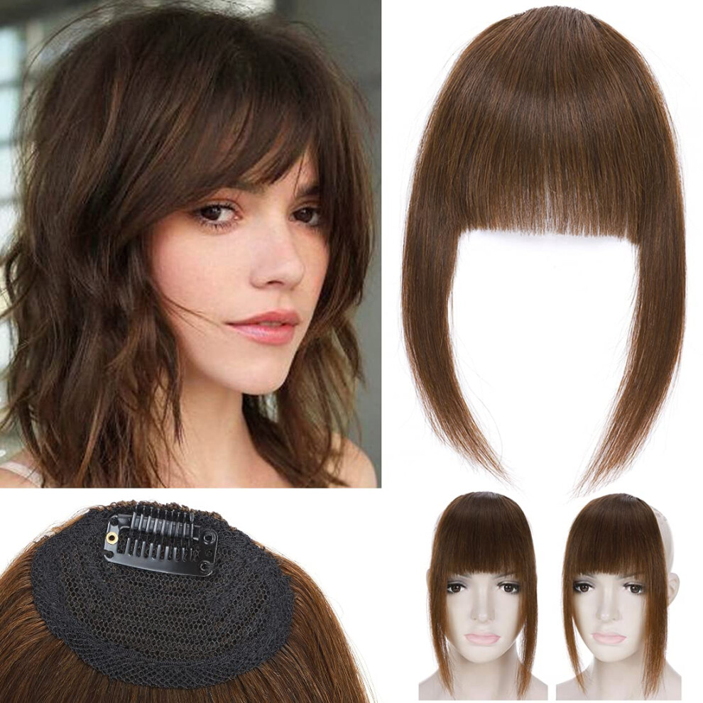 Unisex Brown Medium Clip In Human Hair Bangs With Temple Pieces, Natural Remy Fringe Hairpiece For Women