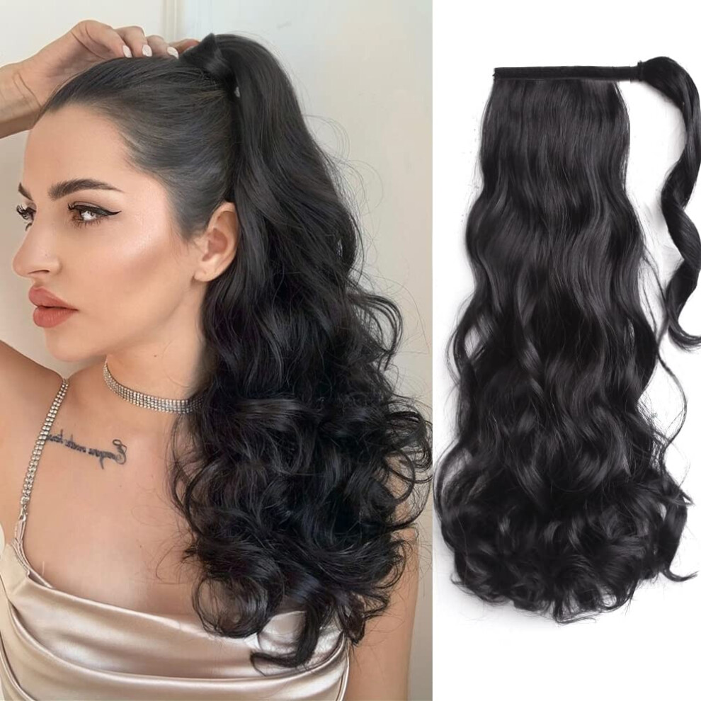 Unisex Black Ponytail Hair Extensions Wrap Around Wavy Synthetic Wig Curly Hair Piece 20 Inch For Women