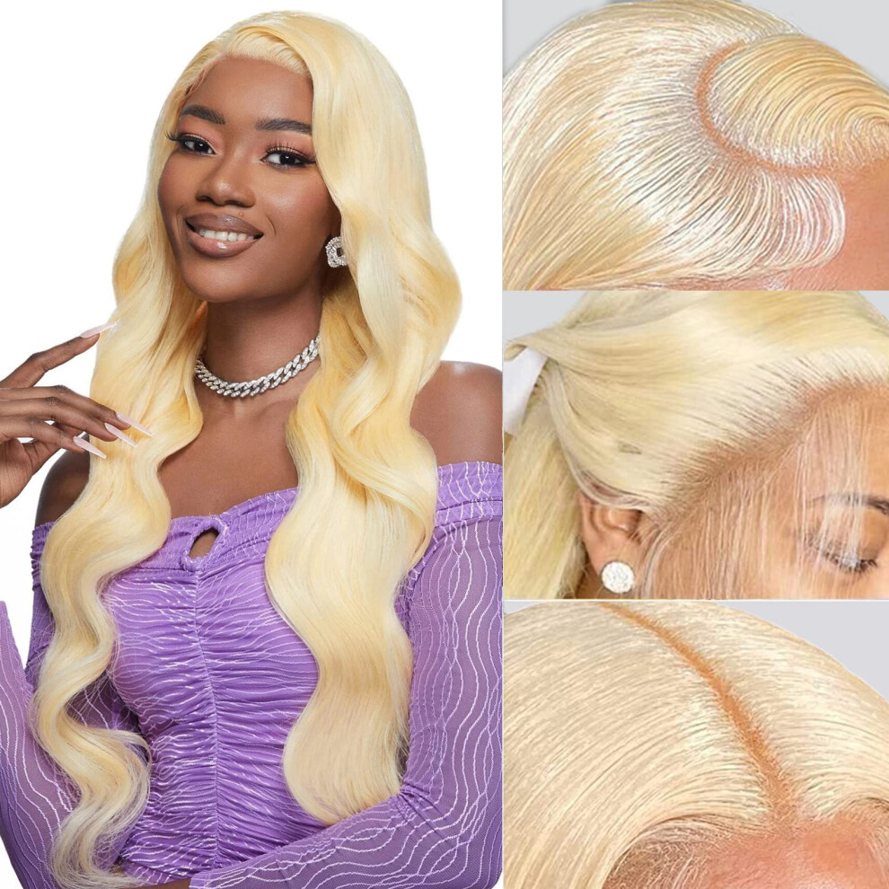 Unisex 38 Inch Honey Blonde Ombre Human Hair Lace Front Wig 13X6 Loose Deep Wave 613 Highlight