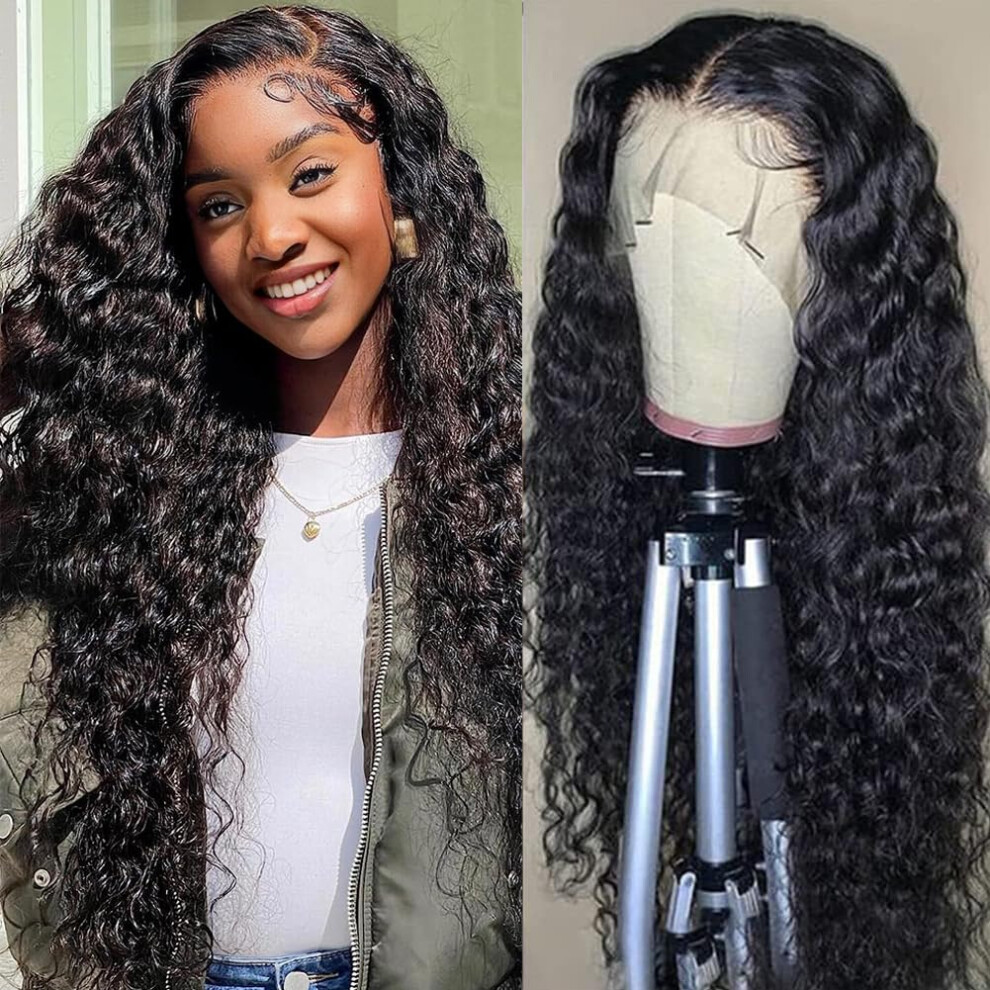 Unisex 13X4 Water Wave Lace Front Wig Human Hair, 18 Inch Brazilian Glueless Preplucked Natural Hairline
