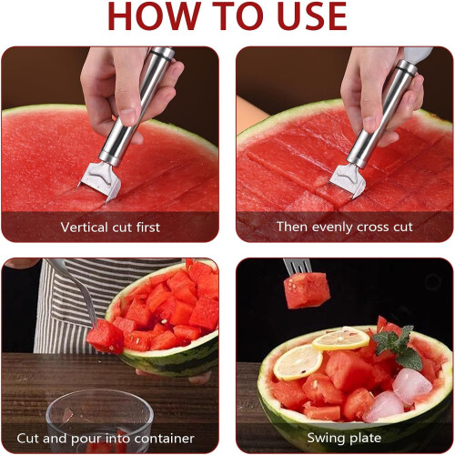 2 in 1 Stainless Steel Watermelon Cutter and Fork Slicer Tool for Quick Cube Serving (6) 1