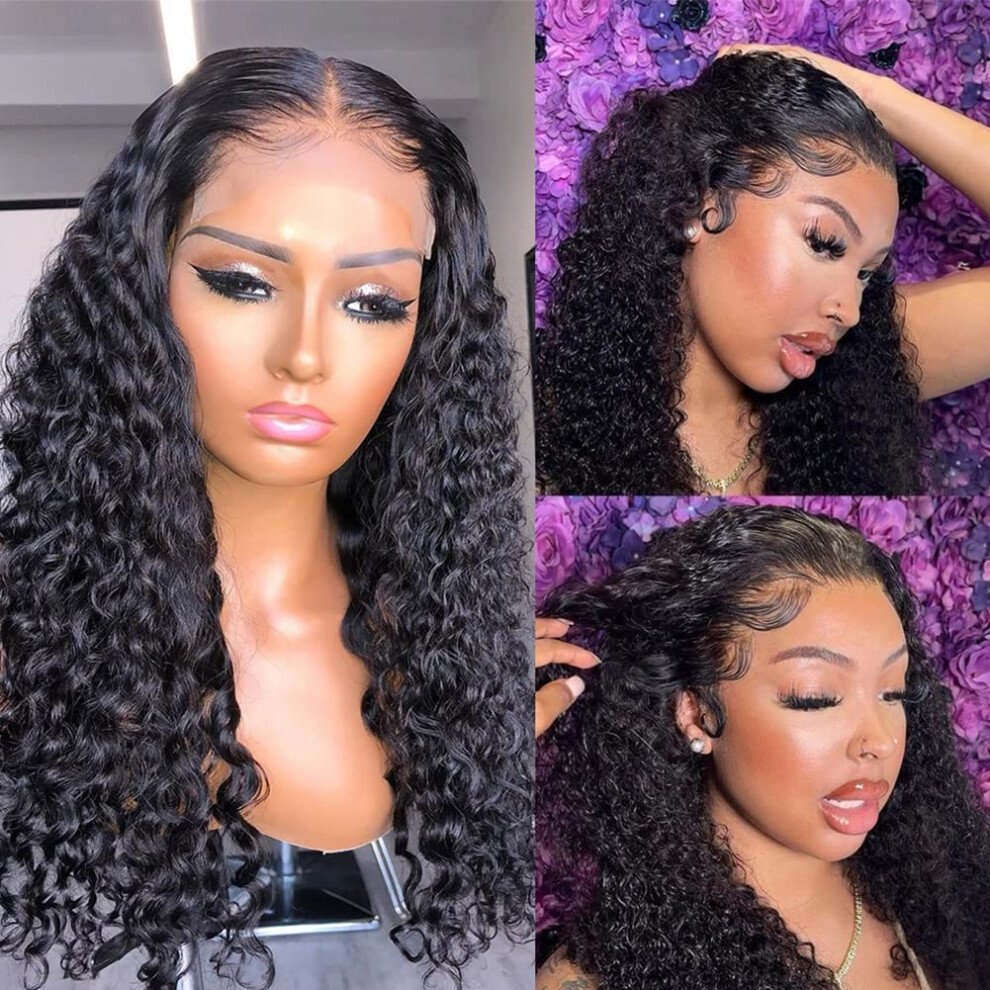 Unisex Brazilian Virgin Human Hair Wig 4X4 Lace Closure Pre Plucked Curly Wave 180% Density 28 Inch