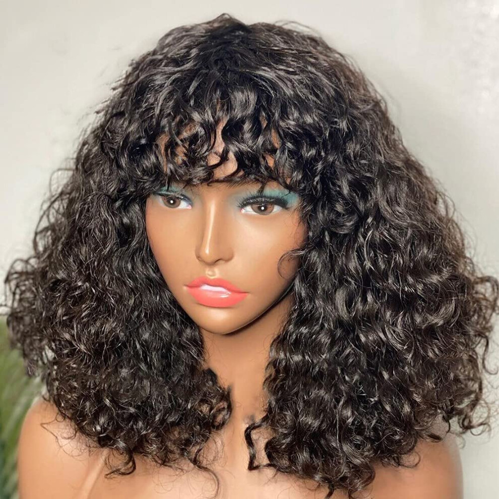 Unisex Curly Human Hair Wig 10 Inch Short Bob, Glueless Brazilian Lace Front With Bangs, Preplucked