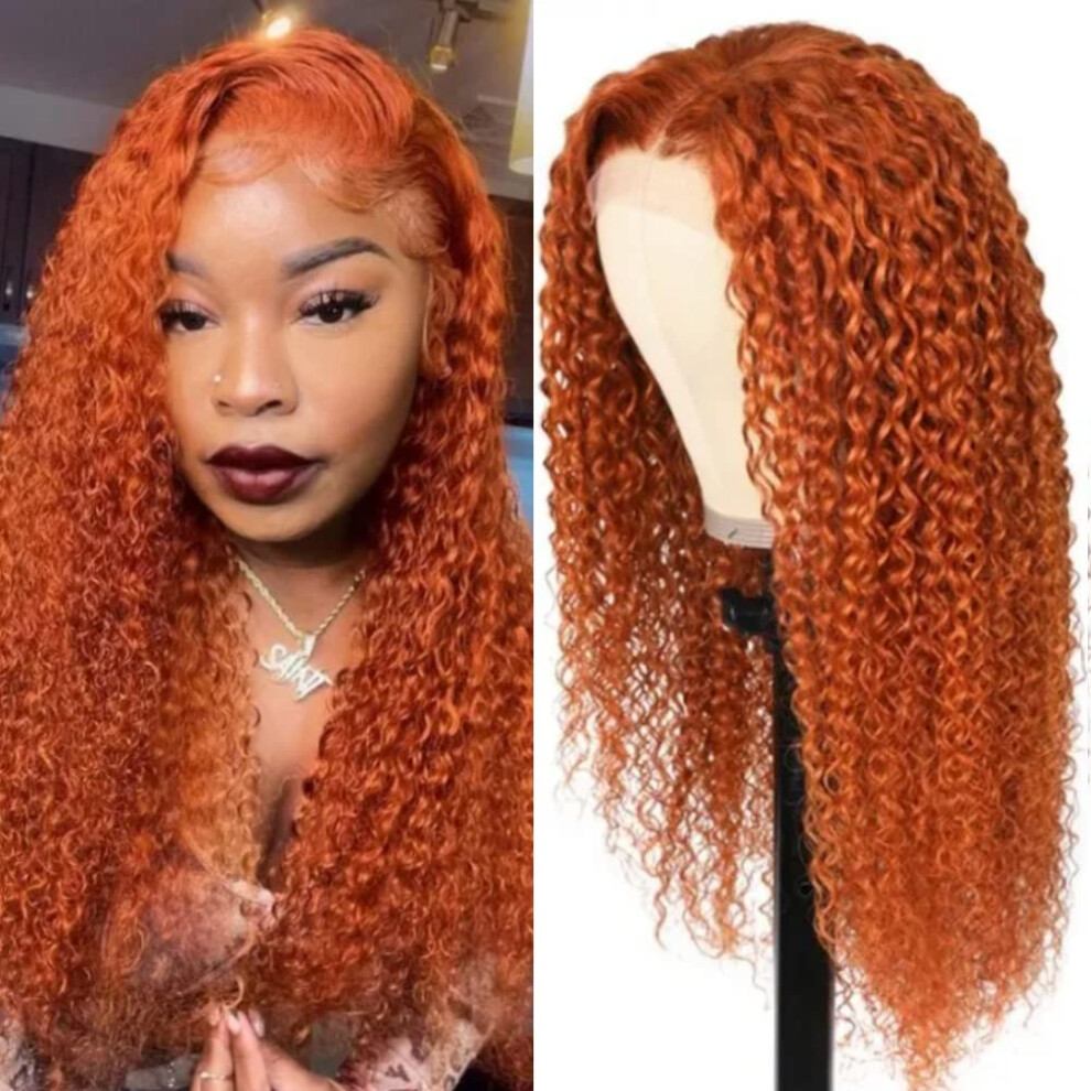 Unisex Orange Ginger Curly Human Hair Lace Front Wig Brazilian Virgin T Part Pre Plucked 22Inch