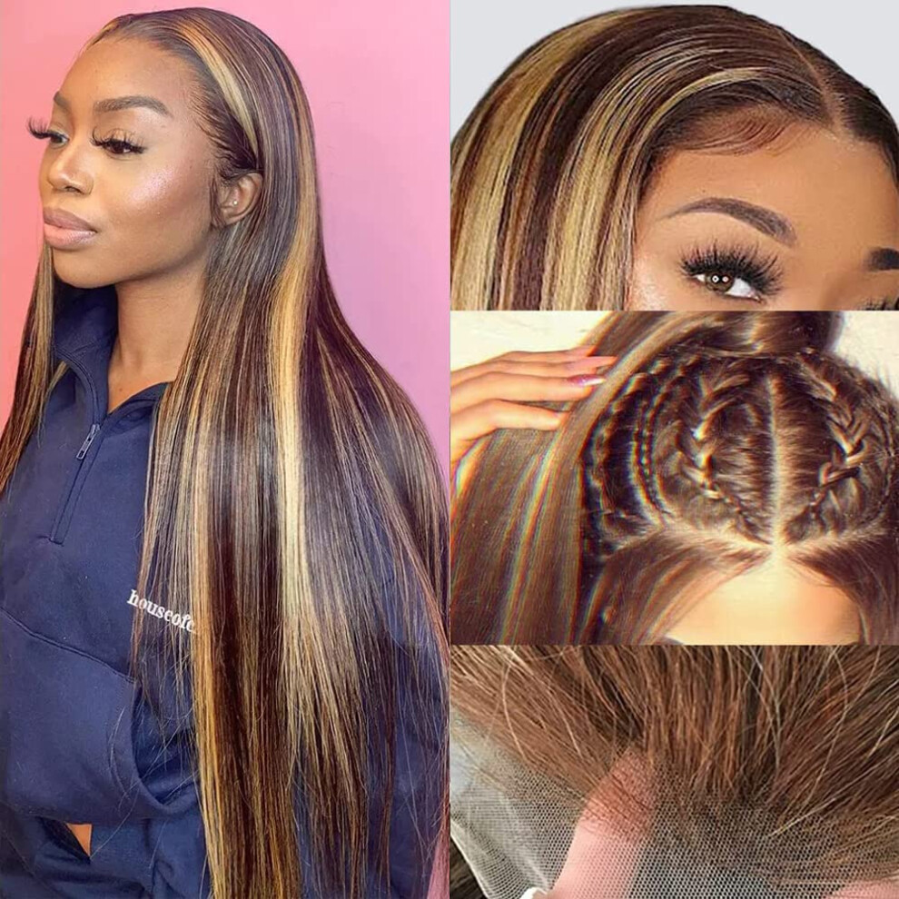 Brazilian Straight Human Hair Lace Front Wig 13x4 Brown Blonde Ombre 150 Density Pre Plucked