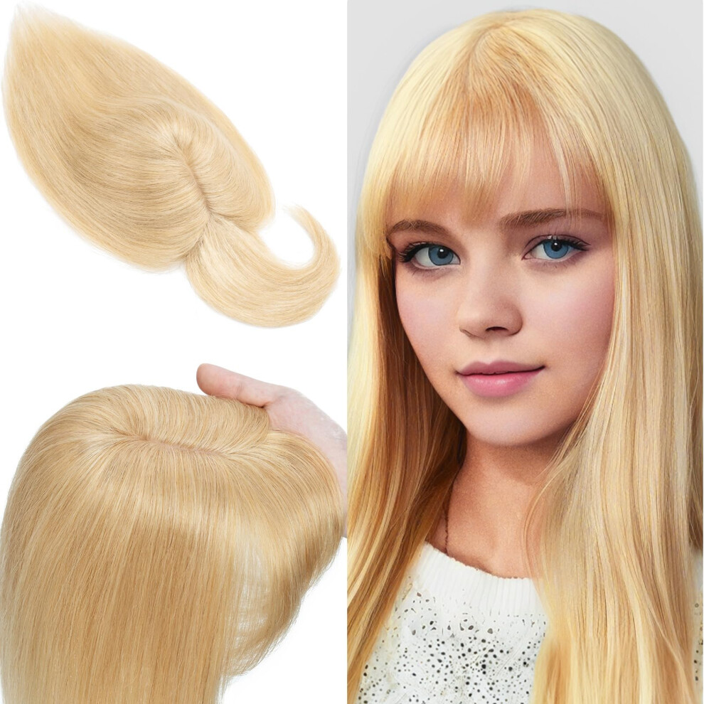 Unisex 16 Inch Human Hair Topper With Bangs, Natural Scalp Silk Base, Blonde, Clips For Thinning Hair