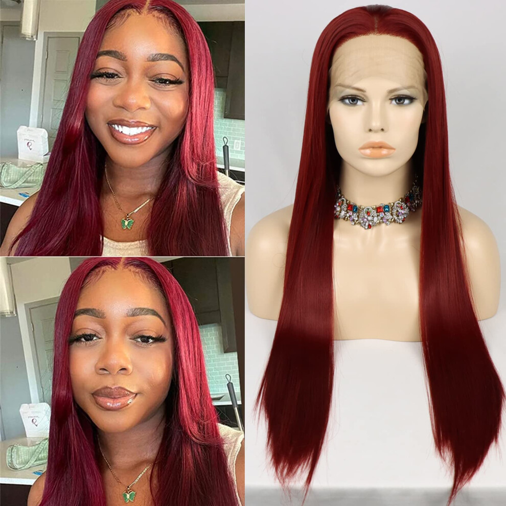 Burgundy Lace Front Wig 24 Inch Straight 99J Synthetic Hair with Natural Hairline Heat Resistant