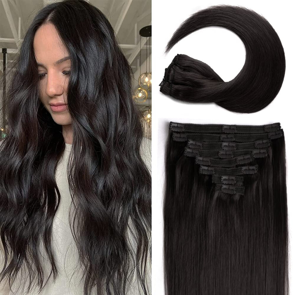 Unisex Black Clip In Human Hair Extensions Body Wave Natural Virgin Remy 8Pcs Double Weft Set