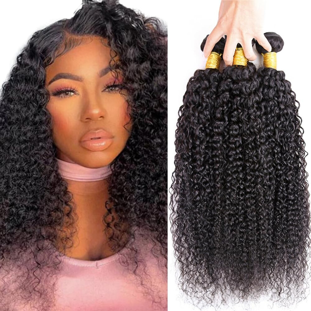 Unisex Black 12 Inch Kinky Curly Human Hair Extensions Brazilian Virgin Hair 3 Bundles Natural