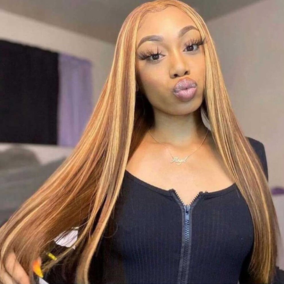 Unisex Blonde Highlights Wig 26 Inch Long Straight Synthetic Heat Resistant Middle Part Natural Looking For Women