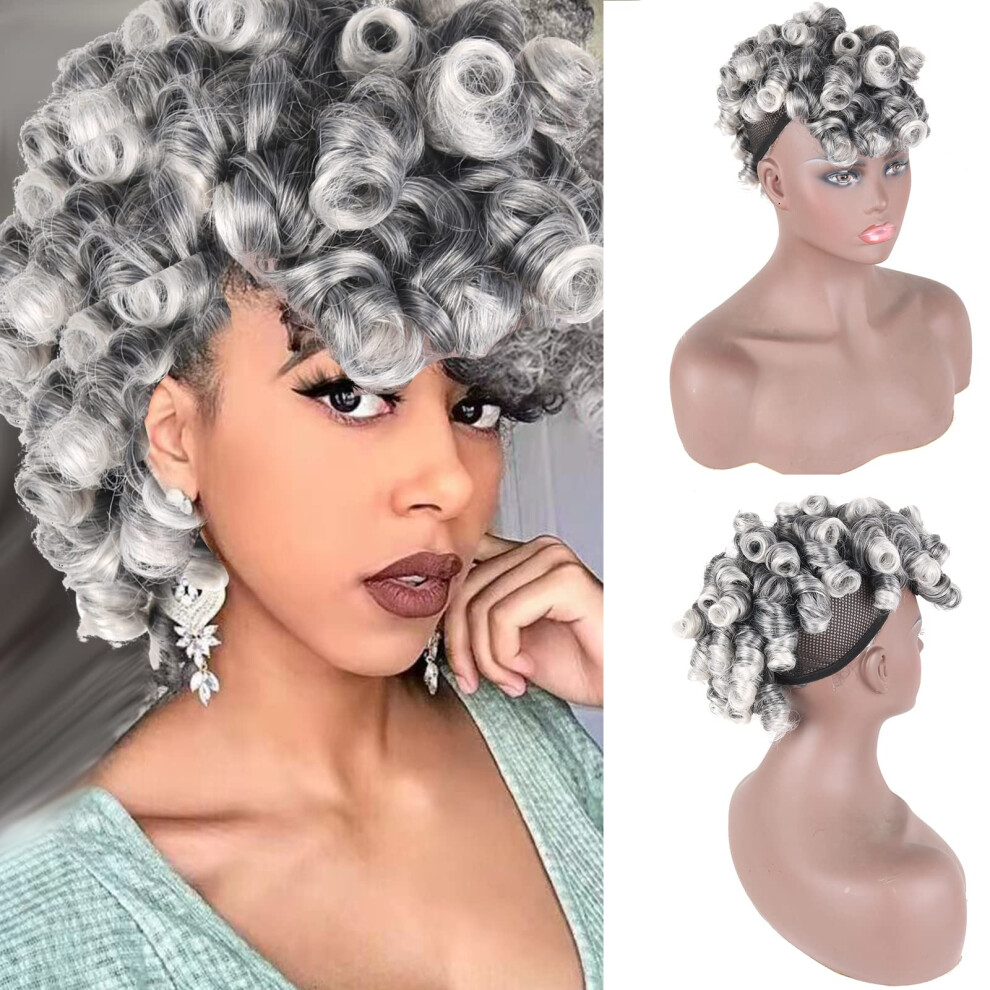 Unisex Black,Grey Afro Curly Mohawk Ponytail With Bangs Hairpiece, Drawstring Synthetic Extension Black And Grey