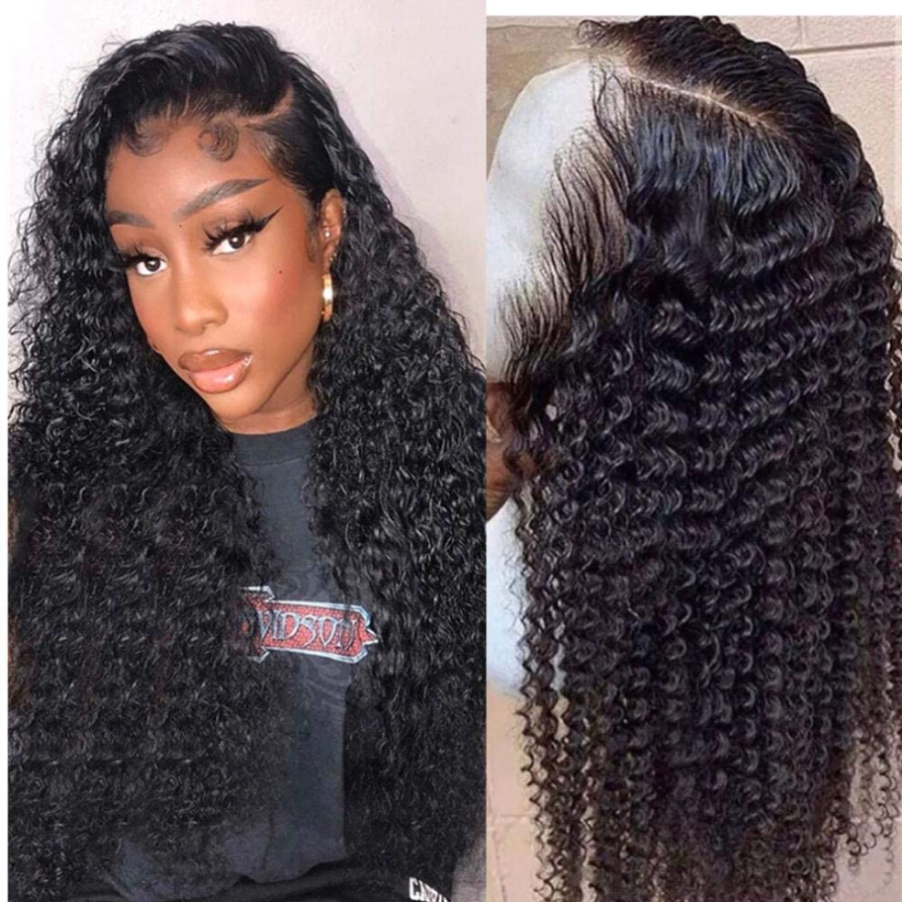 Unisex Black 24 Inch Brazilian Deep Wave Lace Front Human Hair Wig Preplucked 13X4 Swiss Lace Frontal