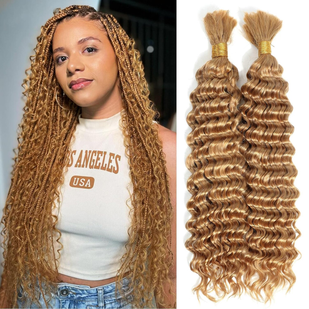 Unisex Brown 27 Honey Blonde Deep Curly Virgin Human Braiding Hair 20 Inch Bulk Extensions For Boho Box Braids