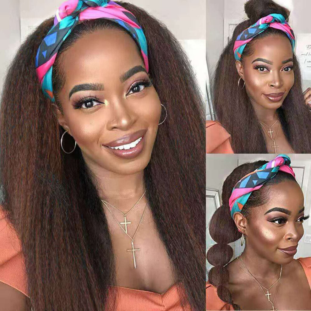Headband Wig Kinky Straight Human Hair 22 Inch Brown 150% Density for Black Women Glue