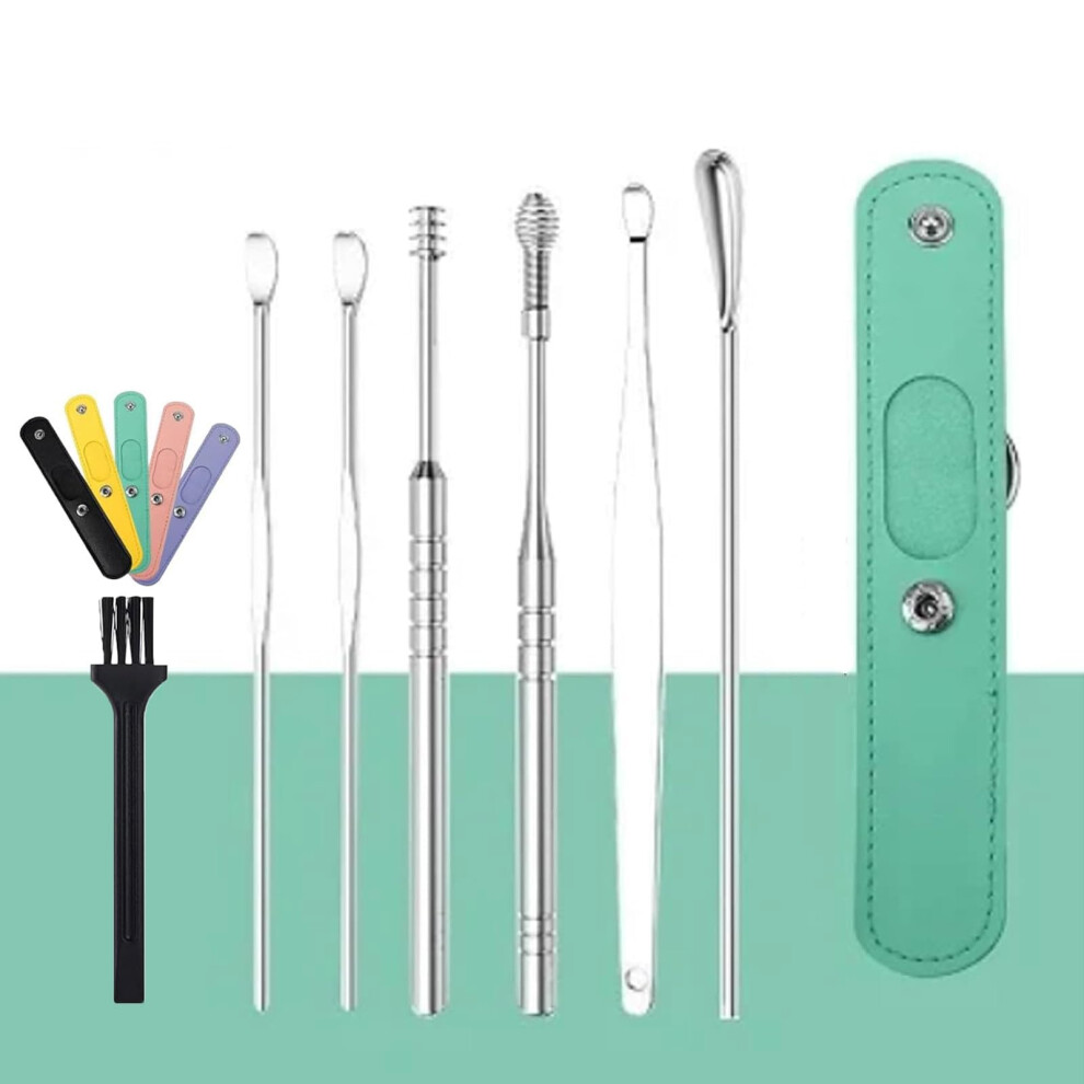 Ear Wax Removal Tool Set with 360 Spiral Cleaner and Ergonomic Scoop, 6PCS Stainless Steel with Case, GreenB