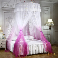 Mosquito Net Bed Canopy With String Lights, Dome Mosquito Netting For Double And Single Beds, 3Door Gradient Rose Red