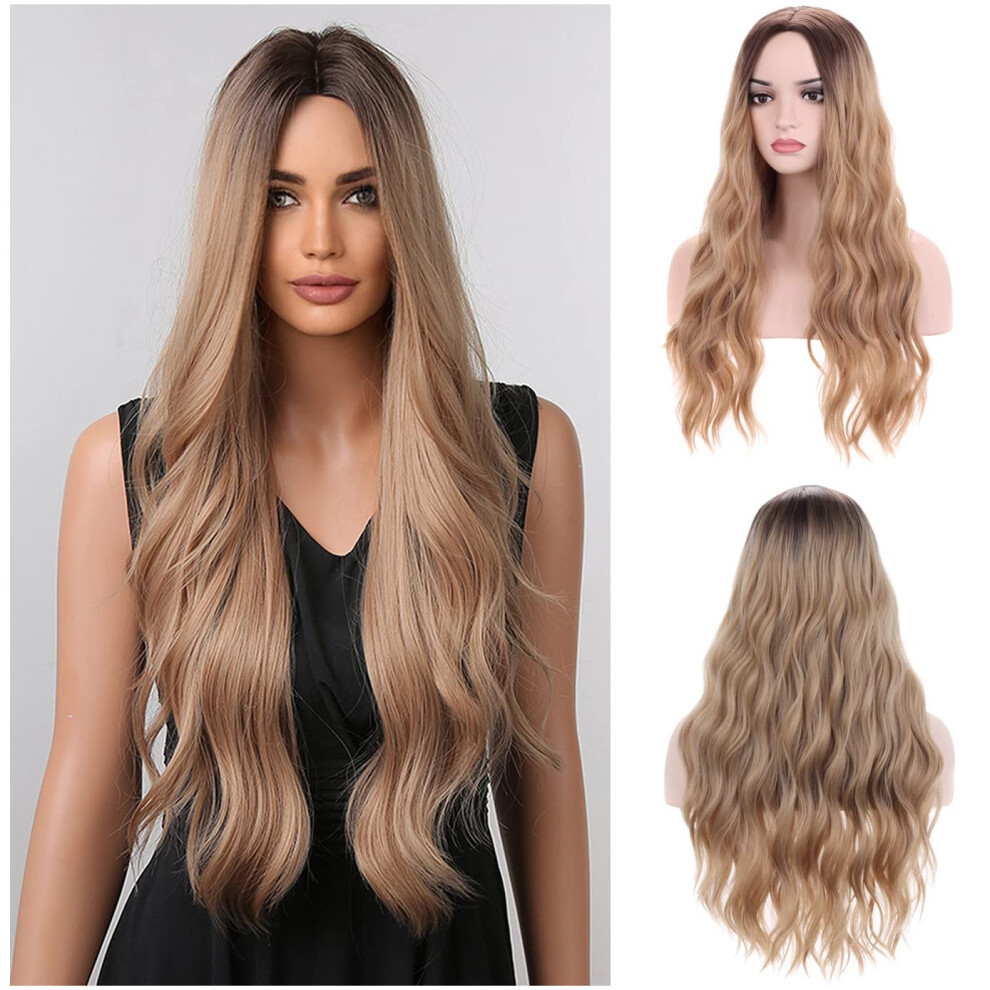 Unisex Blonde Ombre Long Wavy Wig For Women Heat Resistant Synthetic Cosplay Hair With Adjustable Cap