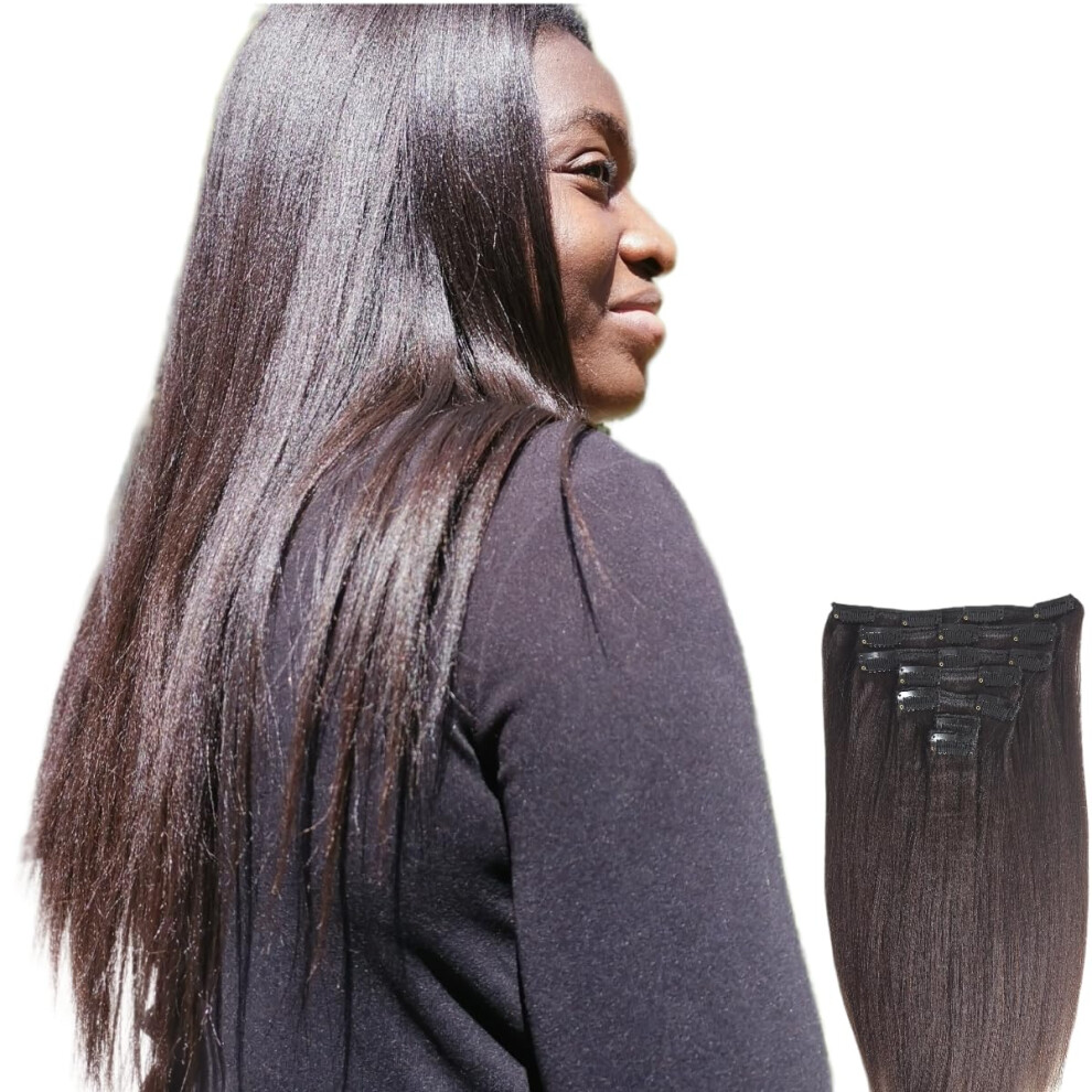 12 Inch Natural Brown Light Yaki Straight Human Hair Clip in Extensions for Black Women 120g 7pcs