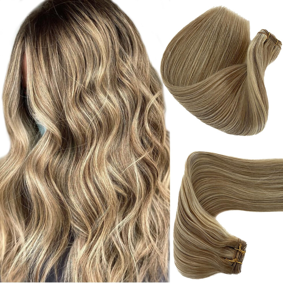 Unisex 24 Inch Human Hair Extensions Balayage Blonde Sew In Hand Tied Weft For Instant Length And Volume
