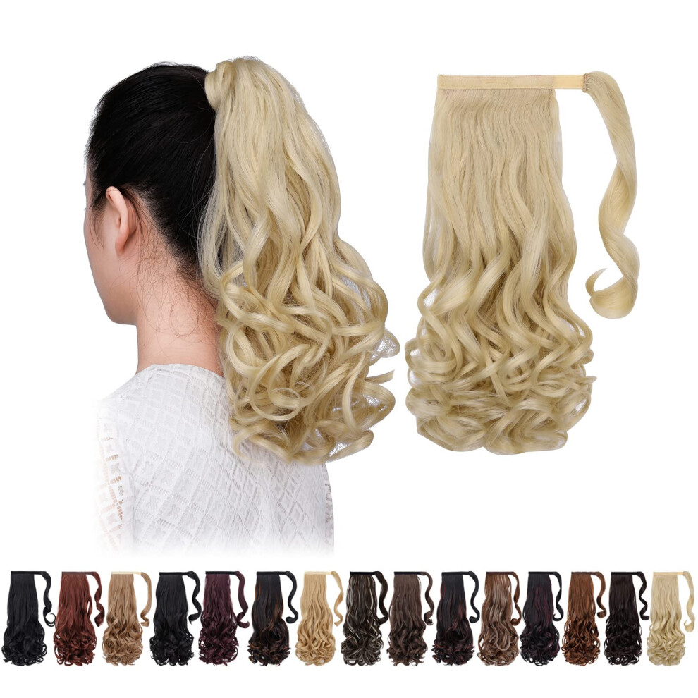 Unisex Long Wavy Synthetic Ponytail Extension Blonde Wrap Around Clip In Hair Piece For Instant Volume