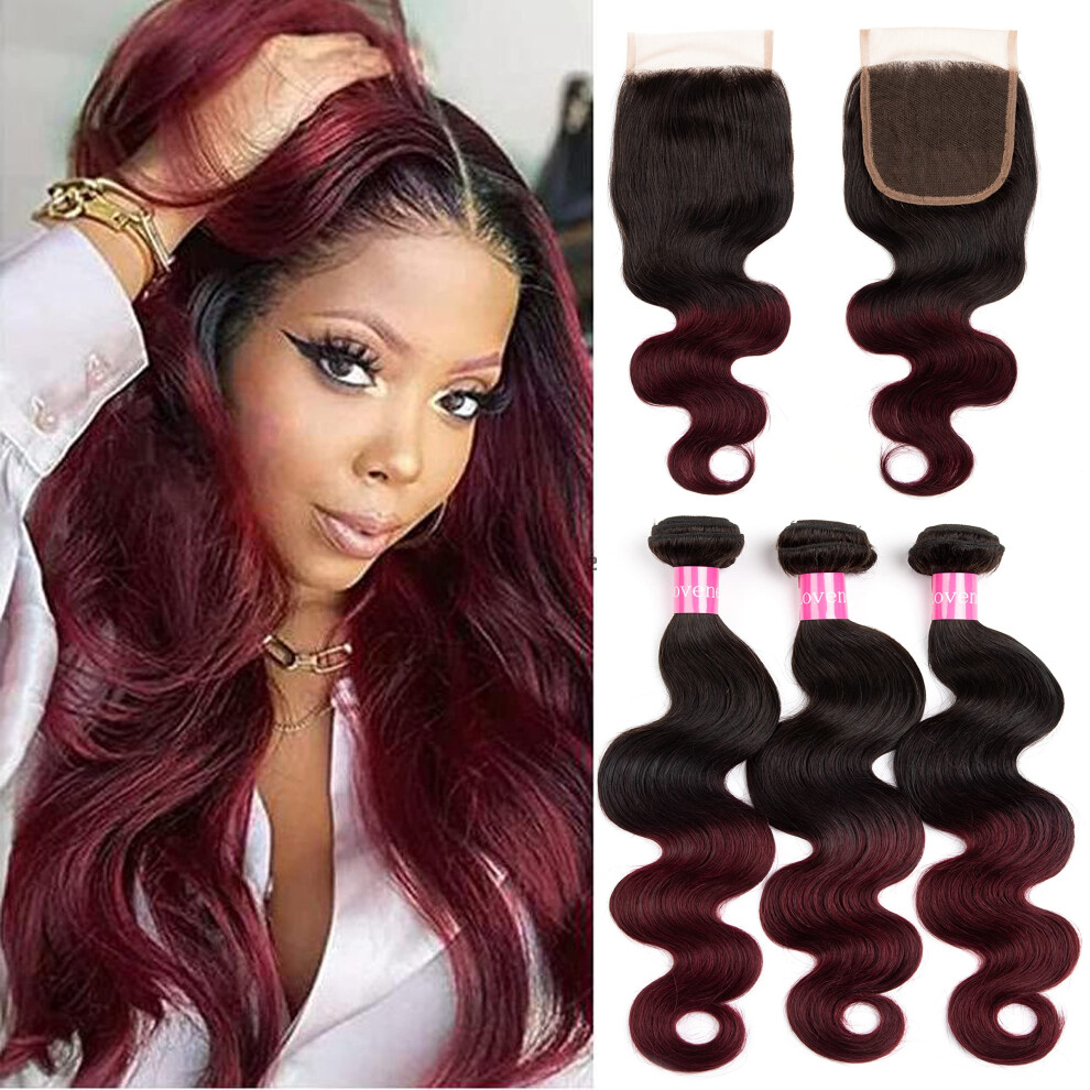 Brazilian Body Wave Human Hair Bundles with Closure T1B/99J Ombre Burgundy 3 Bundles 4x4 Lace