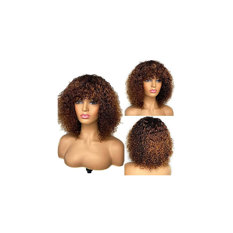 Unisex Black 12 Inch Honey Blonde Ombre Jerry Curl Human Hair Wig With Bangs For Women, 180 Density