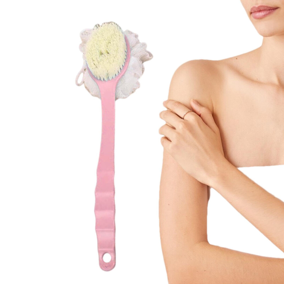 Shower Body Brush and Back Scrubber, DualSided Bristles and Loofah, Long Curved Handle, Pink
