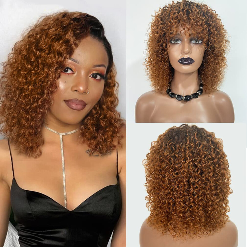 Unisex Black Ombre Curly Bob Wig With Bangs 12 Inch Brazilian Human Hair Glueless 150% Density For Women